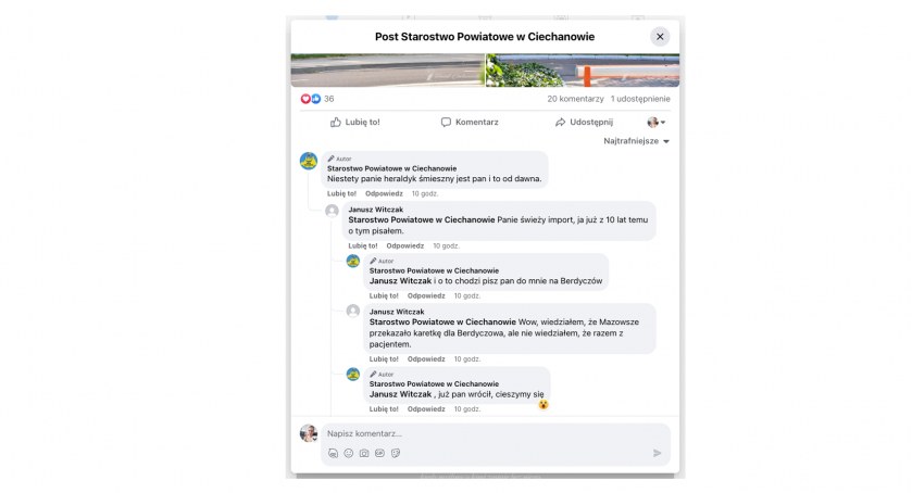 Screen z komentarzy Starostwa Powiatowego w Ciechanowie