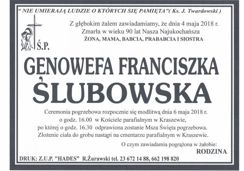 GENOWEFA FRANCISZKA ŚLUBOWSKA