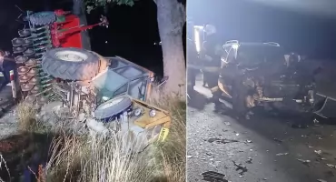 Poważny wypadek koło Ciechanowa. Osobówka uderzyła w ciągnik [zdjęcia]